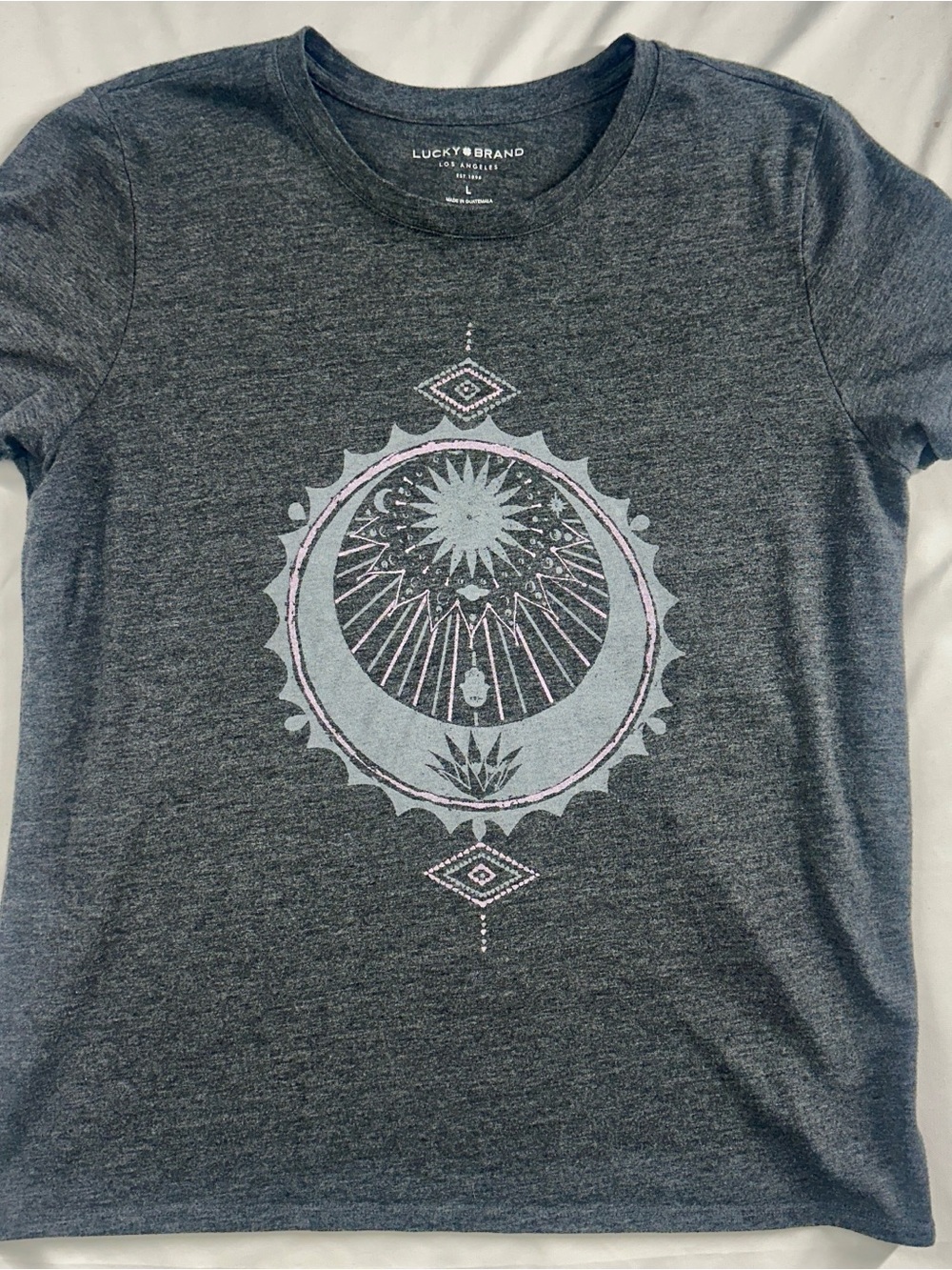 Lucky Brand Womens L Sun Moon Celestial Graphic Tee Gray Boho